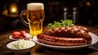Grilled sausage and beer on a wooden table