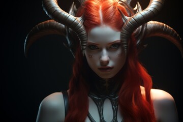 Wall Mural - Mysterious woman with horns and red hair