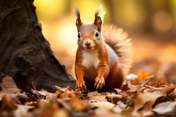 Wall Mural - Curious squirrel in autumn leaves