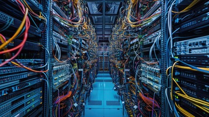 Poster - A cluttered server room with tangled wires. Suitable for technology and networking concepts
