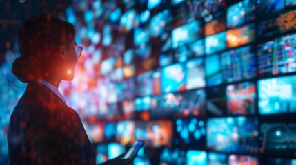 Poster - A woman stands in front of a large wall filled with multiple television screens displaying various images.