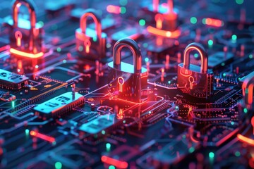 Poster - Close up of a circuit board with multiple padlocks, great for cybersecurity concepts