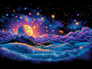 Wall Mural - landscape with moon and stars, abstract whimsical illustration with colorful textured patterns