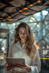 Poster - A woman in a white shirt using a tablet, suitable for technology concepts