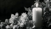 Black White Condolence Card With Candle And Flowers