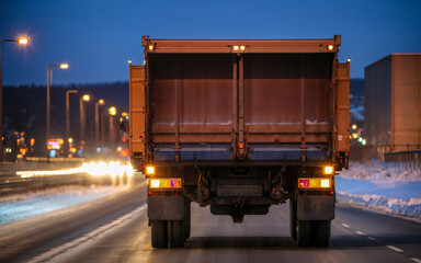 Truck on road. Wintertime, evening view