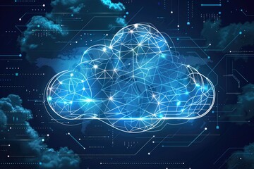 Poster - A cloud with connected lines and dots on a dark blue background. Ideal for technology and network concepts