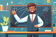 Young cheerful teacher man illustration on blackboard background in classroom. International happy teachers day and education success concept in vector style.