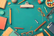 Colorful school supplies, equipment, items, things illustration on green chalkboard background with copy space. Back to school or happy teachers day and educational flat lay concept in vector style.