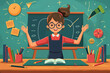 Young cheerful teacher woman illustration on blackboard background in classroom. International happy teachers day and education success concept in vector style.