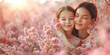 Happy Mothers day portrait of mother and daughter on flowers background, happy family hugging with love. International Mother's day concept with copy space.