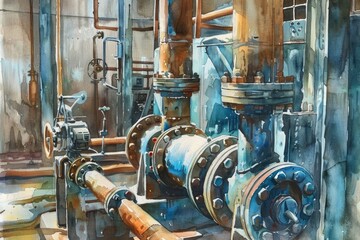 Poster - A painting showing pipes and valves in a building. Suitable for industrial or construction concepts