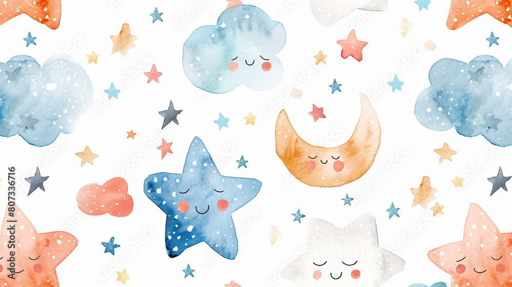 Seamless pattern with clouds and stars for a children's room in pastel ...