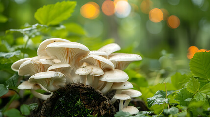 Wall Mural - a cluster of white mushrooms growing amidst green foliage