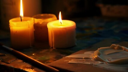 Wall Mural - The soft warm light of the candles cast a golden glow on the artists canvas and tools. .