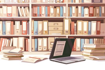 Poster - A laptop computer placed on a desk in front of a bookshelf. Suitable for office or education concepts