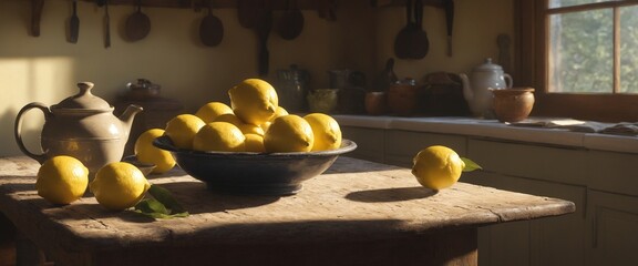 Wall Mural - Cozy rustic kitchen interior with lemon fruits on old wooden table.