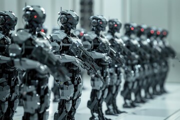 Poster - A group of robots lined up in a row. Suitable for technology and artificial intelligence concepts