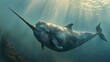 A majestic narwhal swimming gracefully in the ocean. Perfect for marine life concepts