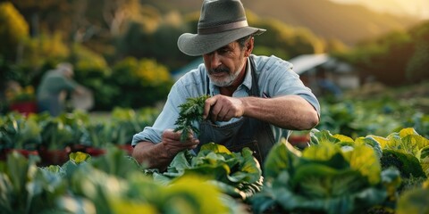 Wall Mural - A chef harvesting fresh vegetables on a farm