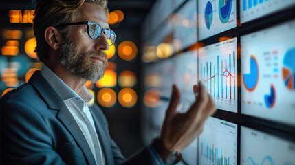 Wall Mural - A businessman standing in front of a large presentation screen, analyzing sales data and discussing strategies for optimizing performance and driving revenue growth. Generative AI.