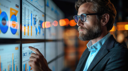 Fototapete - A businessman standing in front of a large presentation screen, analyzing sales data and discussing strategies for optimizing performance and driving revenue growth. Generative AI.