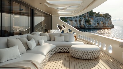 Sticker - Exterior sofa on yacht, sofa has complex shapes that resemble generative design, luxury. Generative AI.