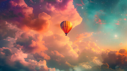 Wall Mural - The central focus of the image is a hot air balloon, glowing with warm orange and yellow hues