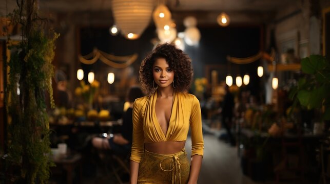 Elegant Woman in Yellow Dress Poses in Chic Restaurant Ambiance