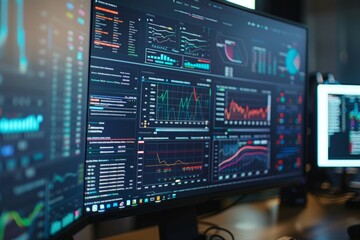 Wall Mural - A computer monitor is positioned on top of a desk, displaying a realtime dashboard with cyber threat intelligence data