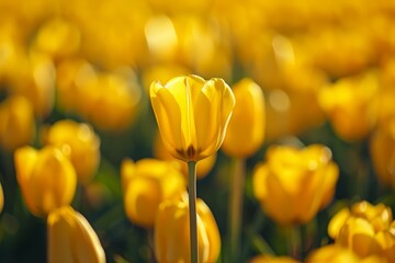 Wall Mural - A field filled with yellow tulips basking in the sun, their petals glowing in the warm light