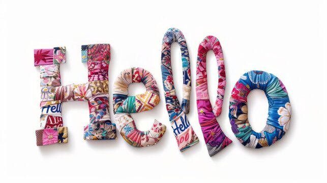The word Hello created in Fabric and Textile Collage.