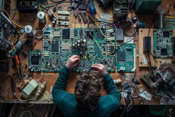 Wall Mural - A man works on a circuit board surrounded by electronic components in a busy workspace