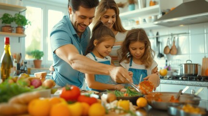 Wall Mural - A family is happily cooking and bonding in the kitchen, sharing natural foods and ingredients, while enjoying leisure time together. AIG41