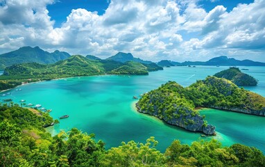 Lush green islands in a tranquil turquoise sea under a bright sky.