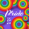 LGBT 2024 pride month. Vector background, poster, postcard, banner design. Celebrate Pride Month 2024 Label. Hand draw LGBT pride flag in vector format. Rainbow flag with word PRIDE for poster.