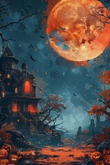 Wall Mural - House Painting With Full Moon