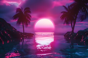 Tropical beach with palm trees at sunset. Summer vacation concept. Retrowave, synthwave, vaporwave aesthetics. Retro style, webpunk, retrofuturism. Illustration for design, poster, wallpaper