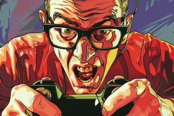 Poster - A man wearing glasses playing a video game. Suitable for gaming and technology concepts