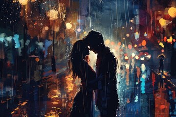 Wall Mural - Romantic image of a couple sharing a kiss in the rain, suitable for love and romance concepts