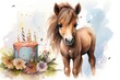 Watercolor illustration of horse with birthday cake. Greeting birthday card, poster, banner for children