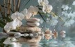 Serene spa setting with white orchids, candles, stones, and bamboo.