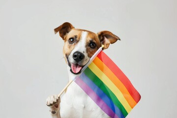 Wall Mural - A dog holding the rainbow flag in its mouth on a white background Generative AI