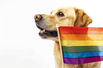 Wall Mural - A dog holding the rainbow flag in its mouth, on a white background Generative AI