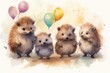 Watercolor illustration of cute hedgehogs with colorful balloons. Greeting birthday card, poster, banner for children