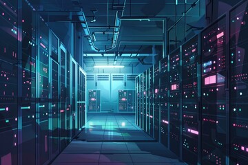 Poster - A busy server room filled with various computer equipment. Ideal for technology and data center concepts