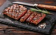 Sliced grilled steak on slate with rosemary and tongs on a dark wooden background.