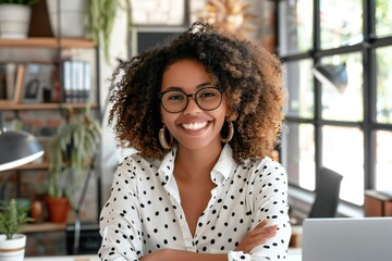 Wall Mural - Confident Female Virtual Assistant Poses in Modern Office Setting