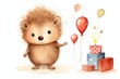 Watercolor illustration of cute hedgehog with colorful balloons. Greeting birthday card, poster, banner for children