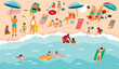 © Alla - Summer vacation cartoon illustration with people relaxing on the sea beach.Families with children, young couples, women and men.Vector design with sunbathing, swimming and playing characters.